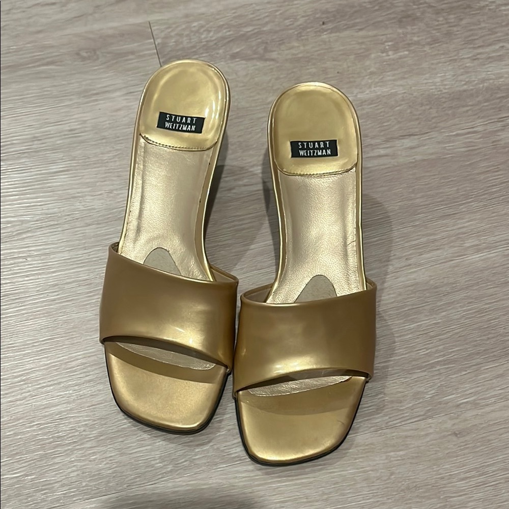 Stuart Weitzman Gold Slide Sandals Minimalist Design